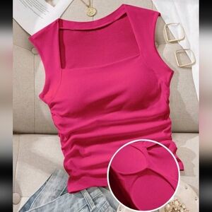 Women Hot Pink Square Neck Fitted Ruched Cropped Tank Top Size XS Summer Spring